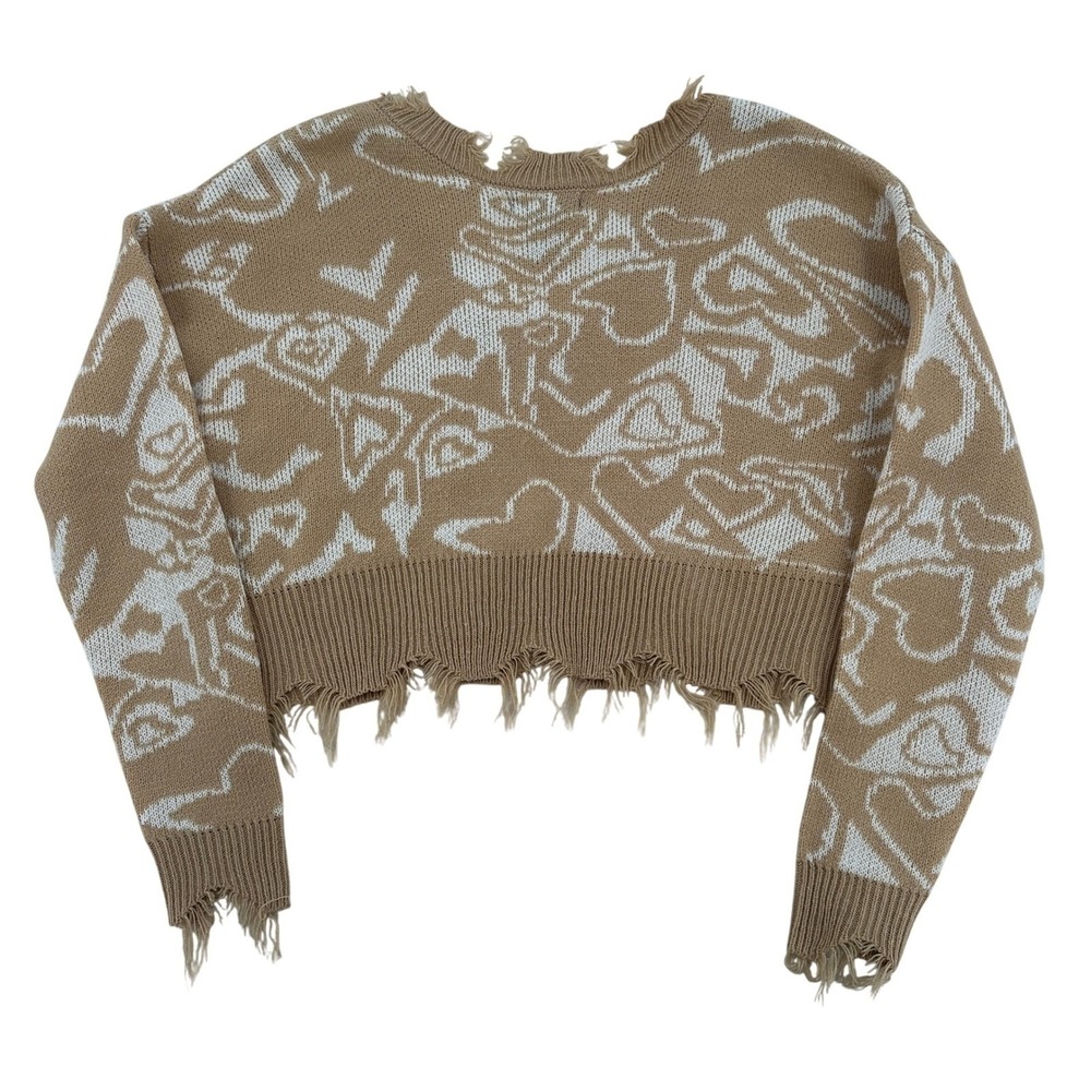 Just Polly Rose Heart Print Women M Distressed Cropped Ribbed Sweater Tan White - Picture 2 of 6